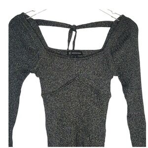 INC Black Metallic Square Neck Long‎ Sleeve Top Party Tie Neck Y2K Small